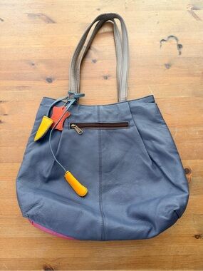 Soruka Celine Blue & Pink tote bag upcycled leather colorful decorative tassels